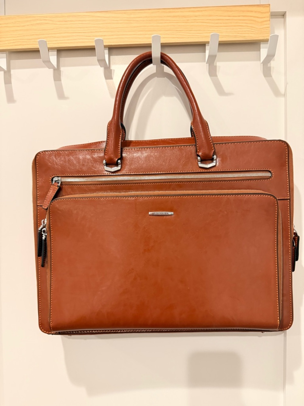 Women’s or Men's Cognac Leather Briefcase with Silver Accents